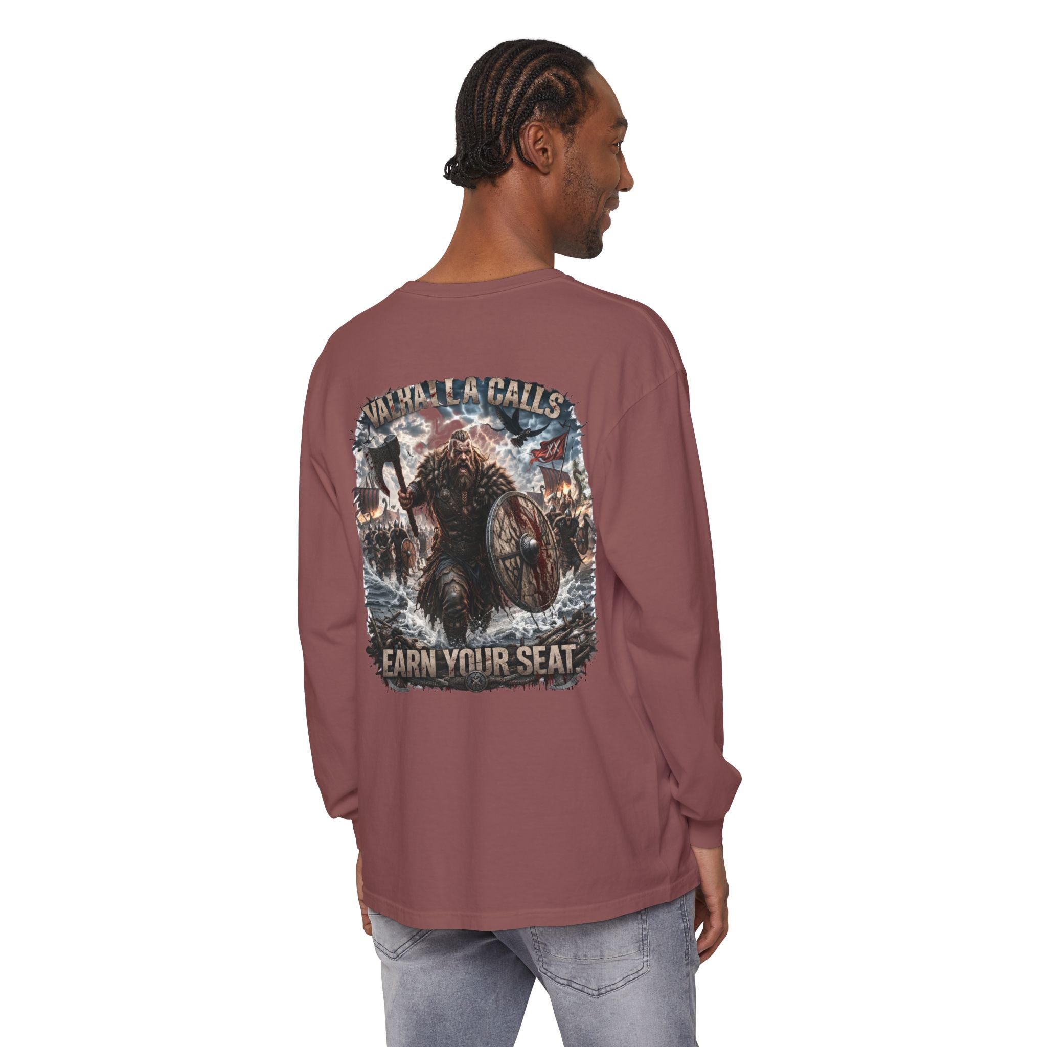 Valhalla Calls Long Sleeve Tee — "Earn Your Seat" Viking Graphic