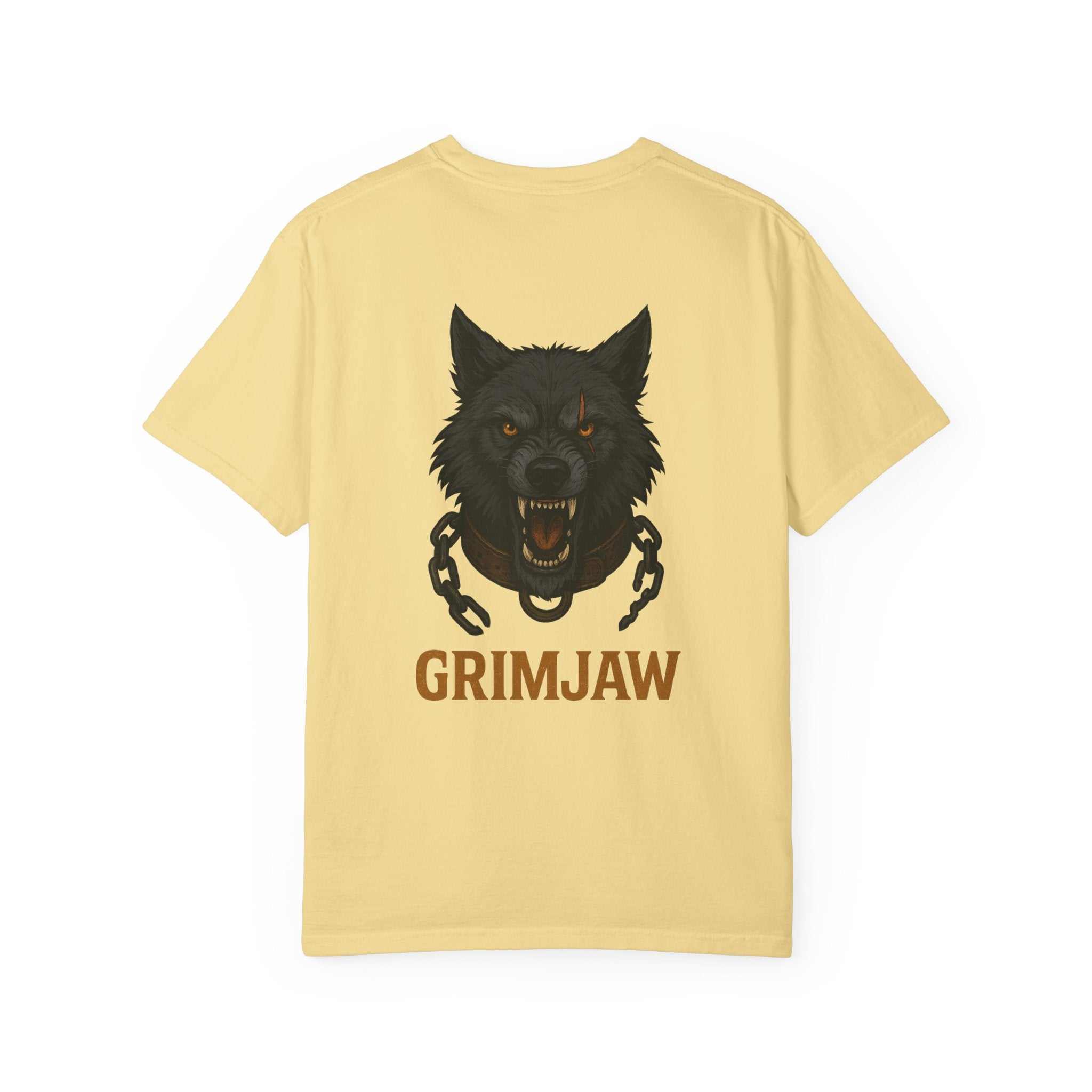 Grimjaw Norse Timberwolf T-Shirt with bold Norse mythology design on garment-dyed cotton fabric