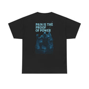 Black graphic tee with "Pain Is The Proof Of Power" text and muscular Atlas design on back