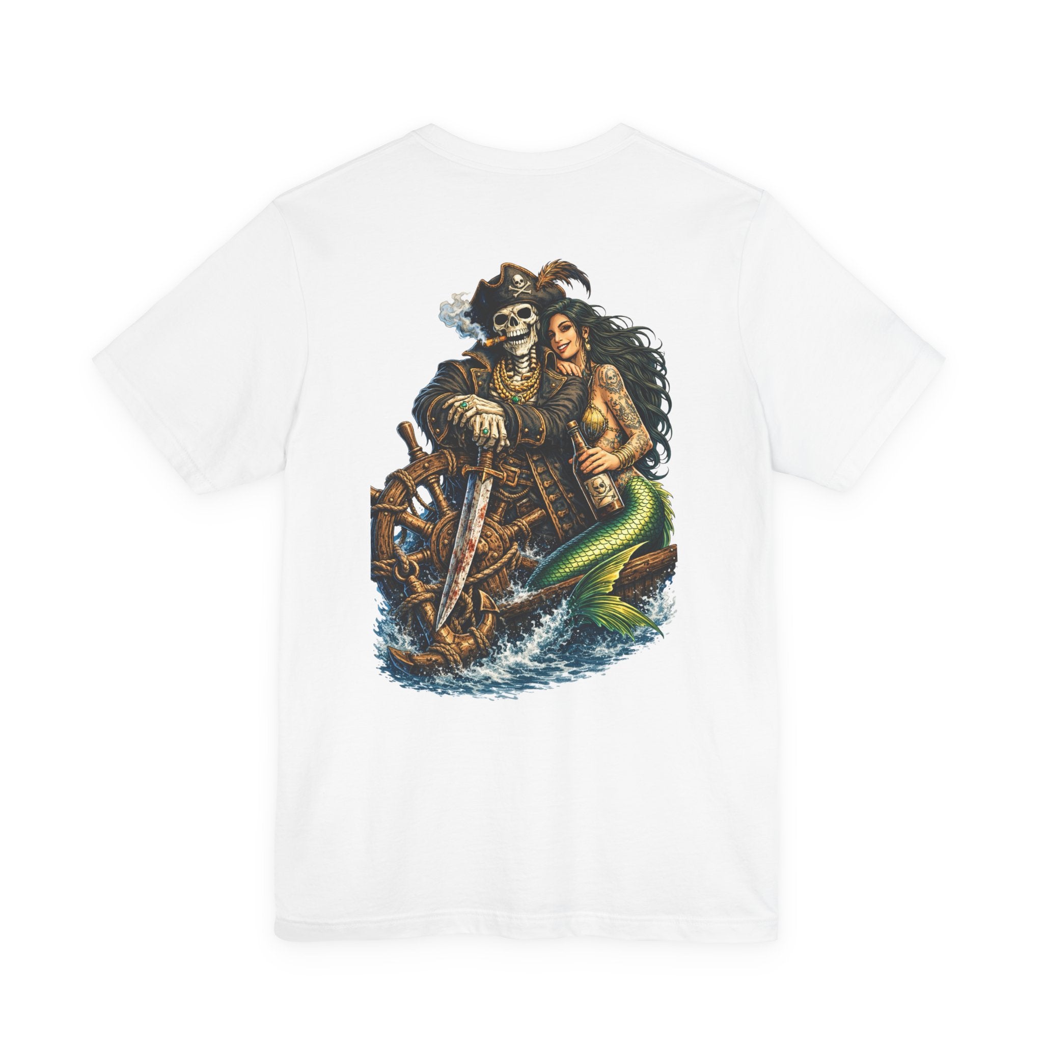 Pirate Skeleton & Mermaid Graphic Tee — Nautical Skull Crew Neck Shirt