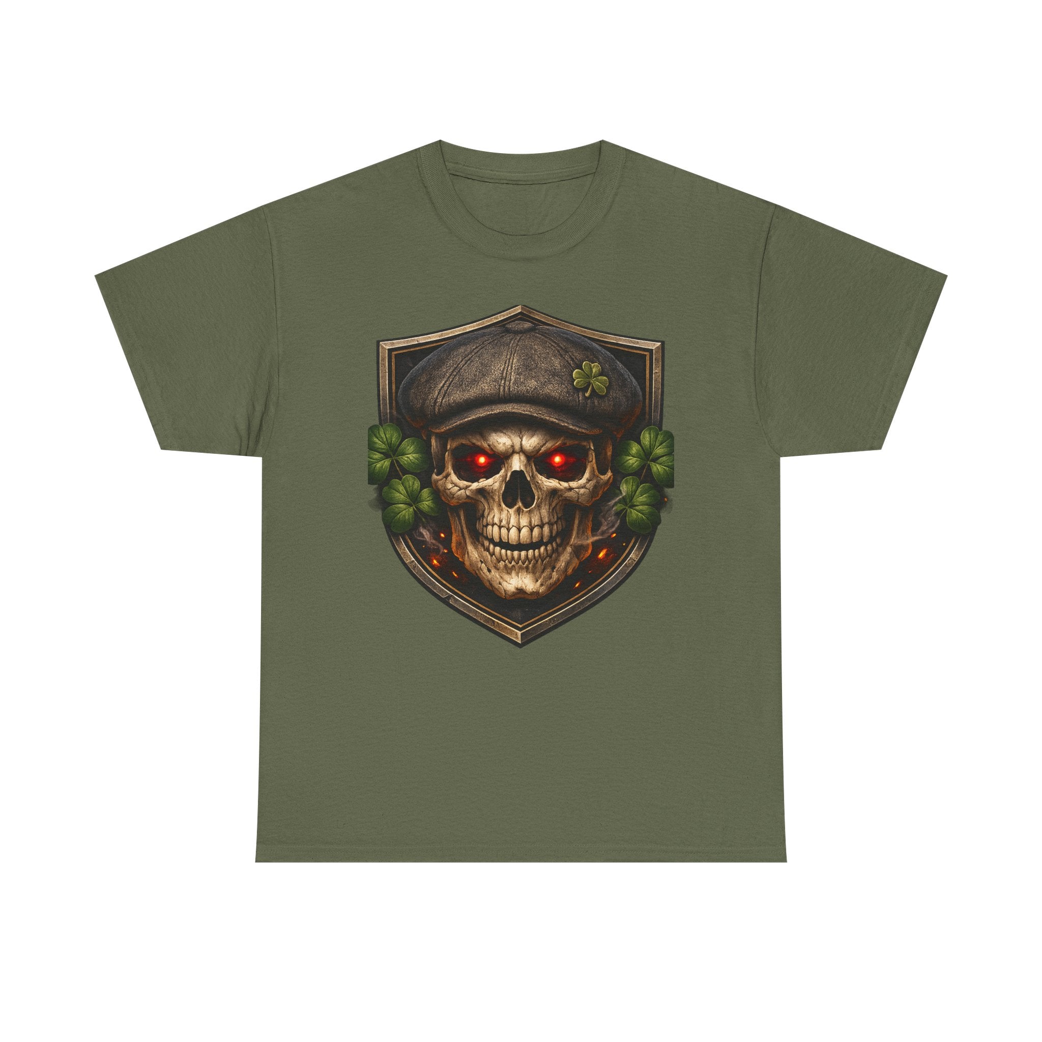 Skull & Shamrock Tee — Celtic Pirate Skull Shirt with Red-Eye Skeleton and Clover Badge
