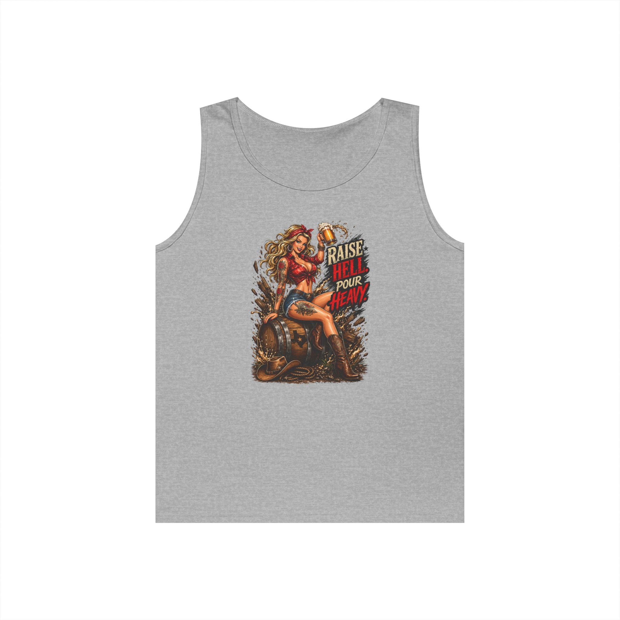 Pinup Biker Tank Top – "Raise Hell, Pour Heavy" Vintage Motorcycle Graphic