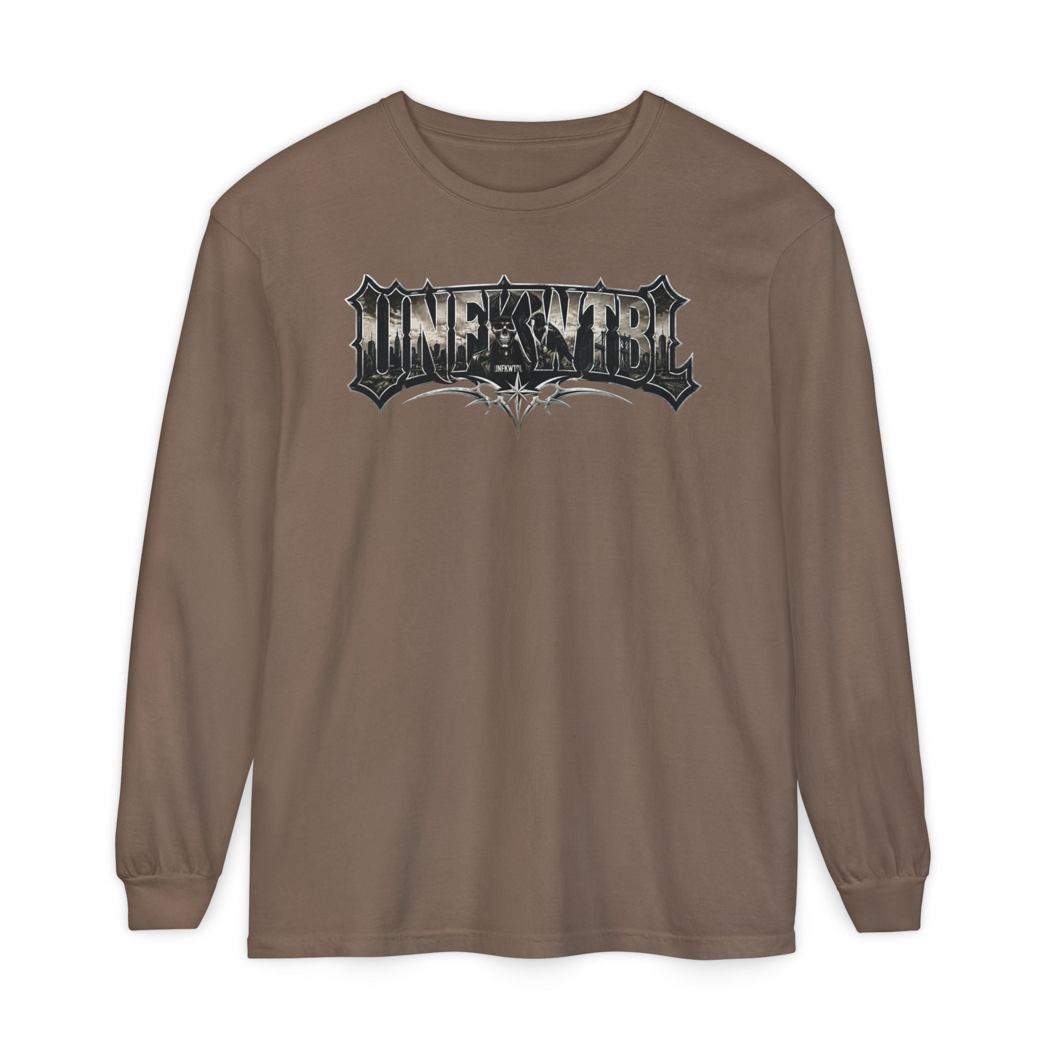Metal Logo Long Sleeve T‑Shirt — 'UNDEFEATED' Gothic Graphic