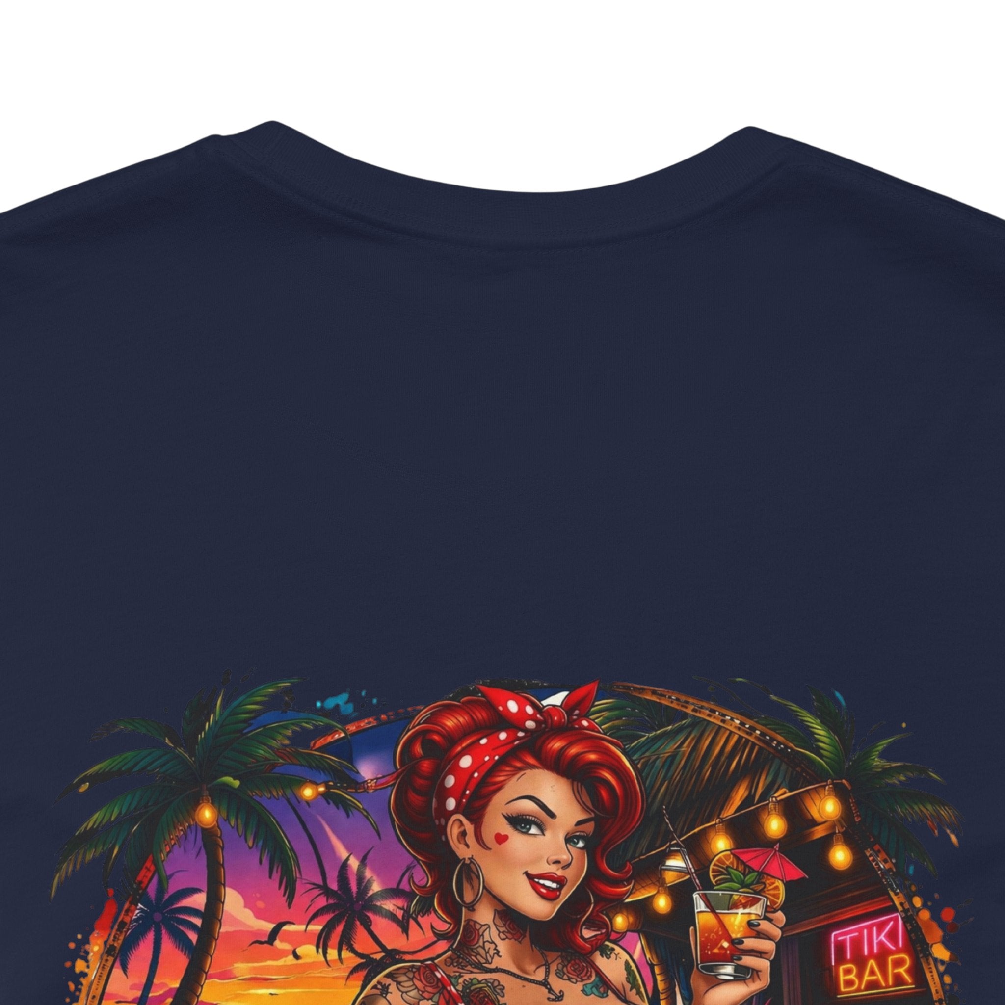 Beach Pinup T‑Shirt — "Less Thinkin', More Drinkin'" Retro Tropical Tee