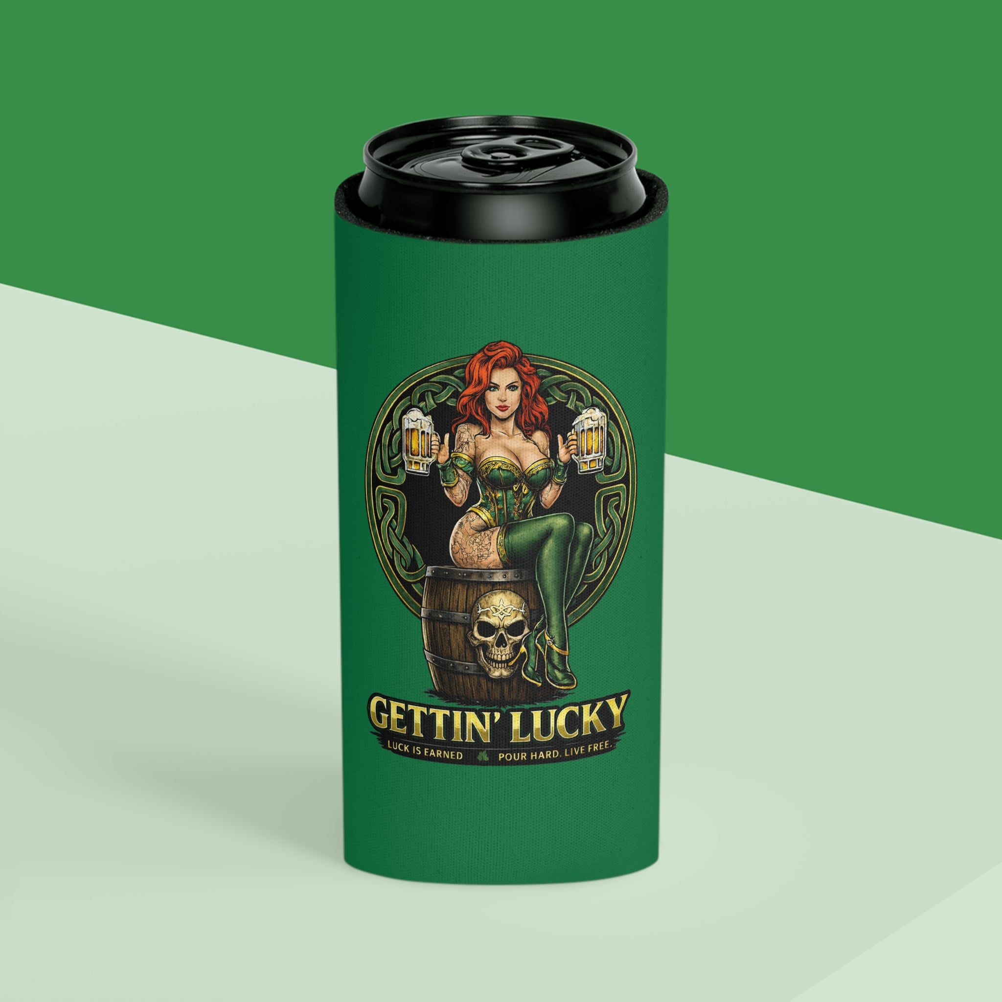 Gettin' Lucky / Stay Cold Can Cooler — St. Patrick's Day Pinup Beer Koozie