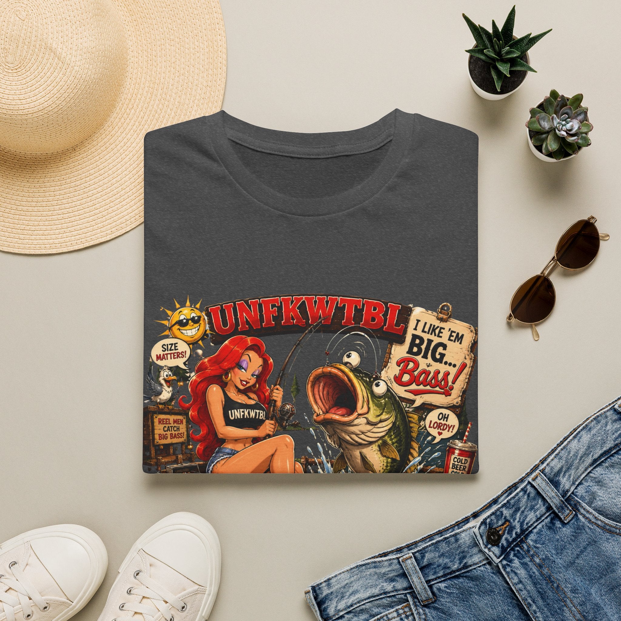 Fishing Pin-Up T-Shirt — "I Like 'Em Big, Baby" Retro Bass Graphic