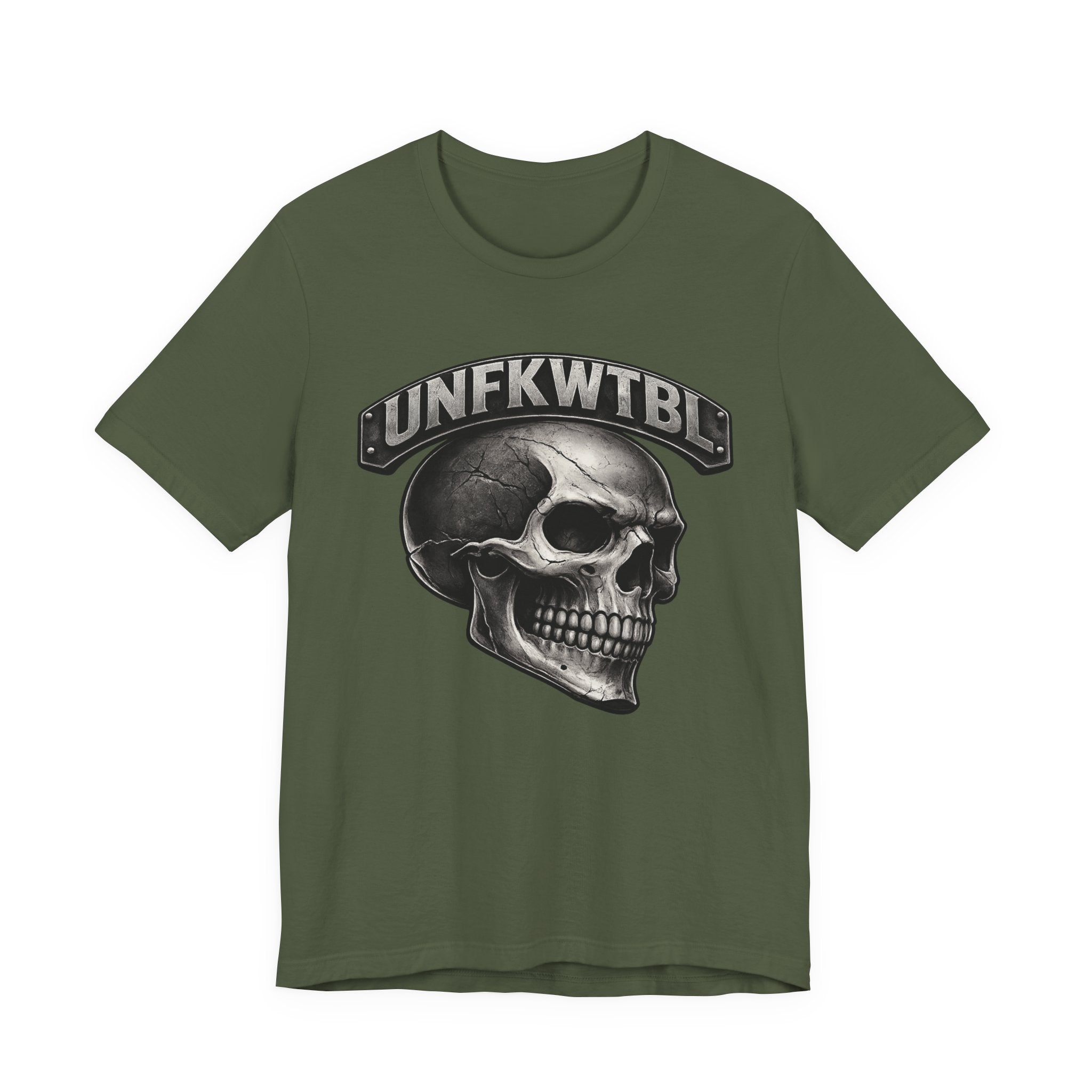 Skull Graphic Tee with 'UNFKWTBL' Banner — Gothic Skull T-Shirt