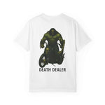 White unisex Death Dealer graphic t-shirt with chopper motorcycle design and text