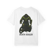 White unisex Death Dealer graphic t-shirt with chopper motorcycle design and text