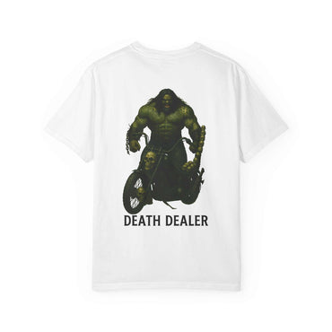 White unisex Death Dealer graphic t-shirt with chopper motorcycle design and text