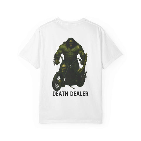 White unisex Death Dealer graphic t-shirt with chopper motorcycle design and text