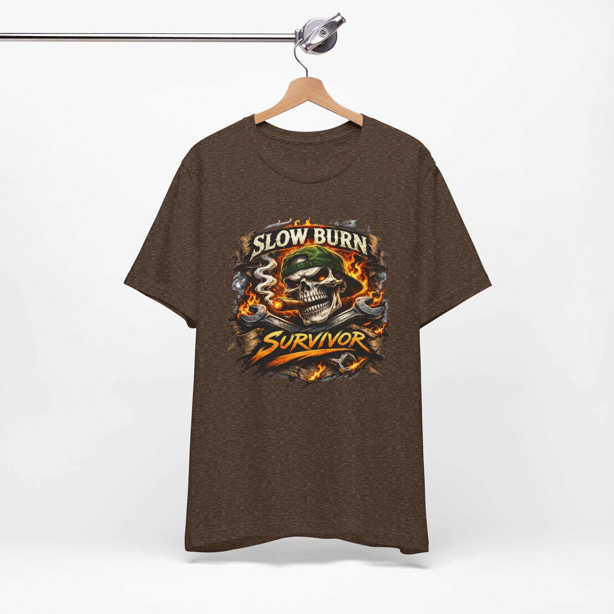 Slow Burn Survivor T‑Shirt — Skull Flame Vintage Motorcycle Tee