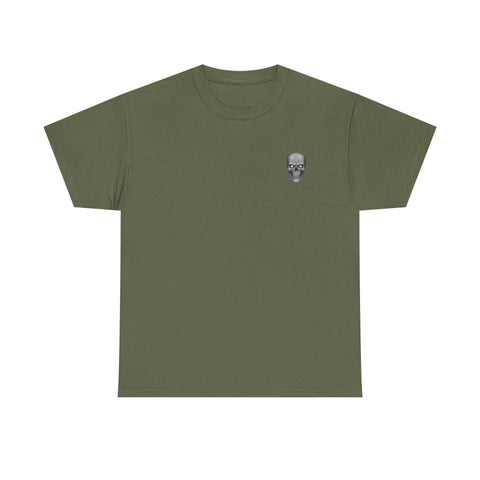 Olive green t-shirt with small skull and sword design symbolizing honor strength and courage