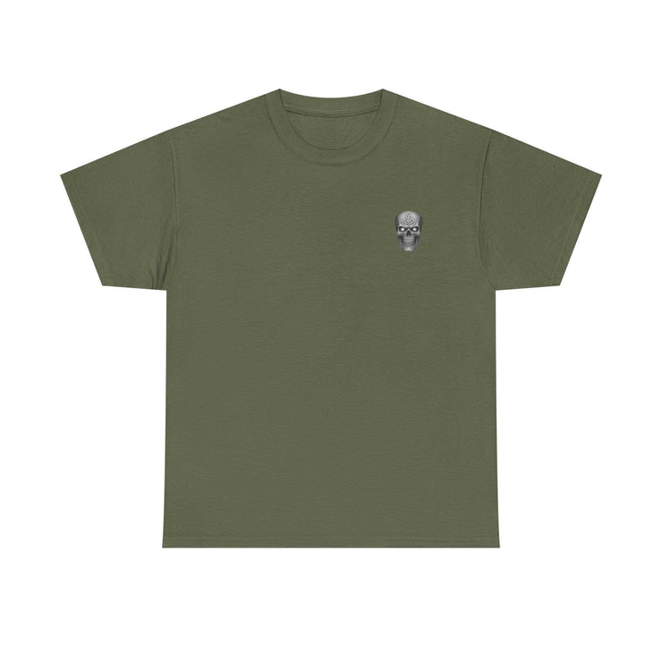 Olive green t-shirt with small skull and sword design symbolizing honor strength and courage