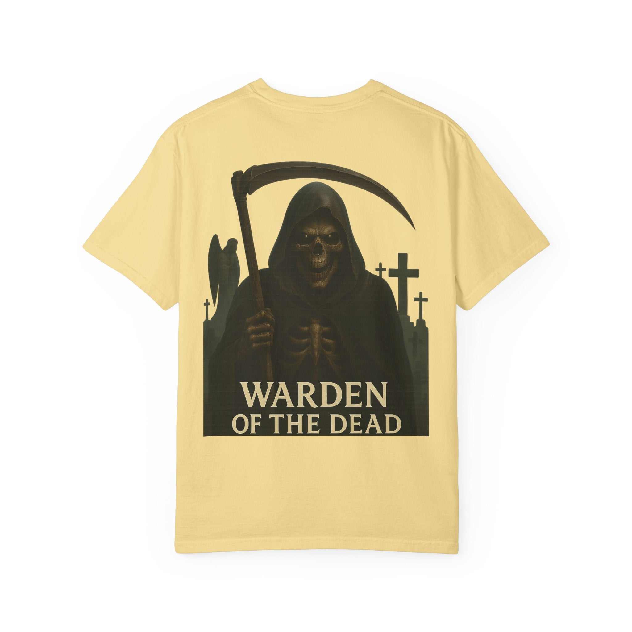 Unisex yellow t-shirt with grim reaper graphic and "Warden of the Dead" text for Halloween and horror fans