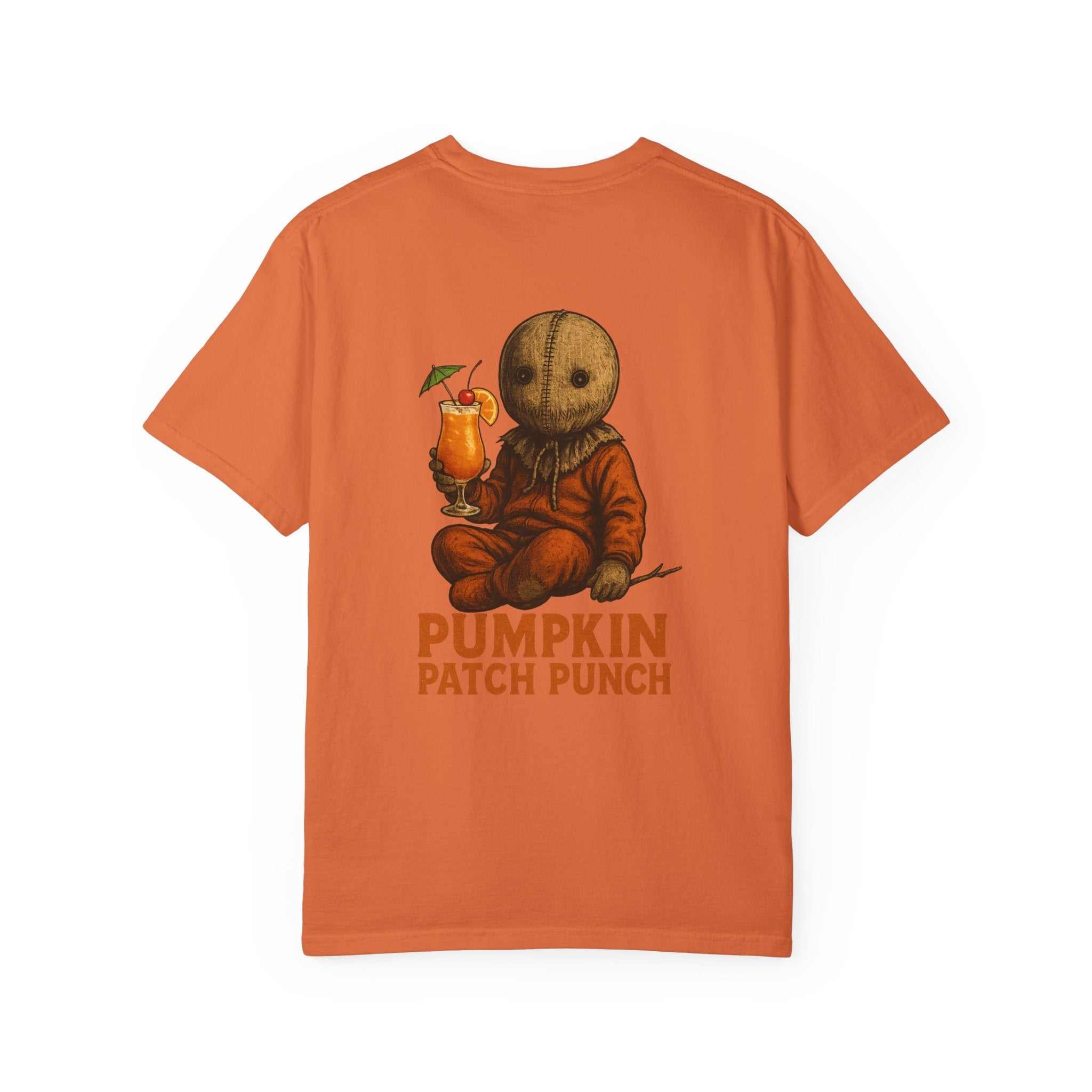 Unisex Spooky Pumpkin Punch Halloween T-shirt with vintage pumpkin graphic, fall festival attire in multiple sizes and garment-dyed cotton