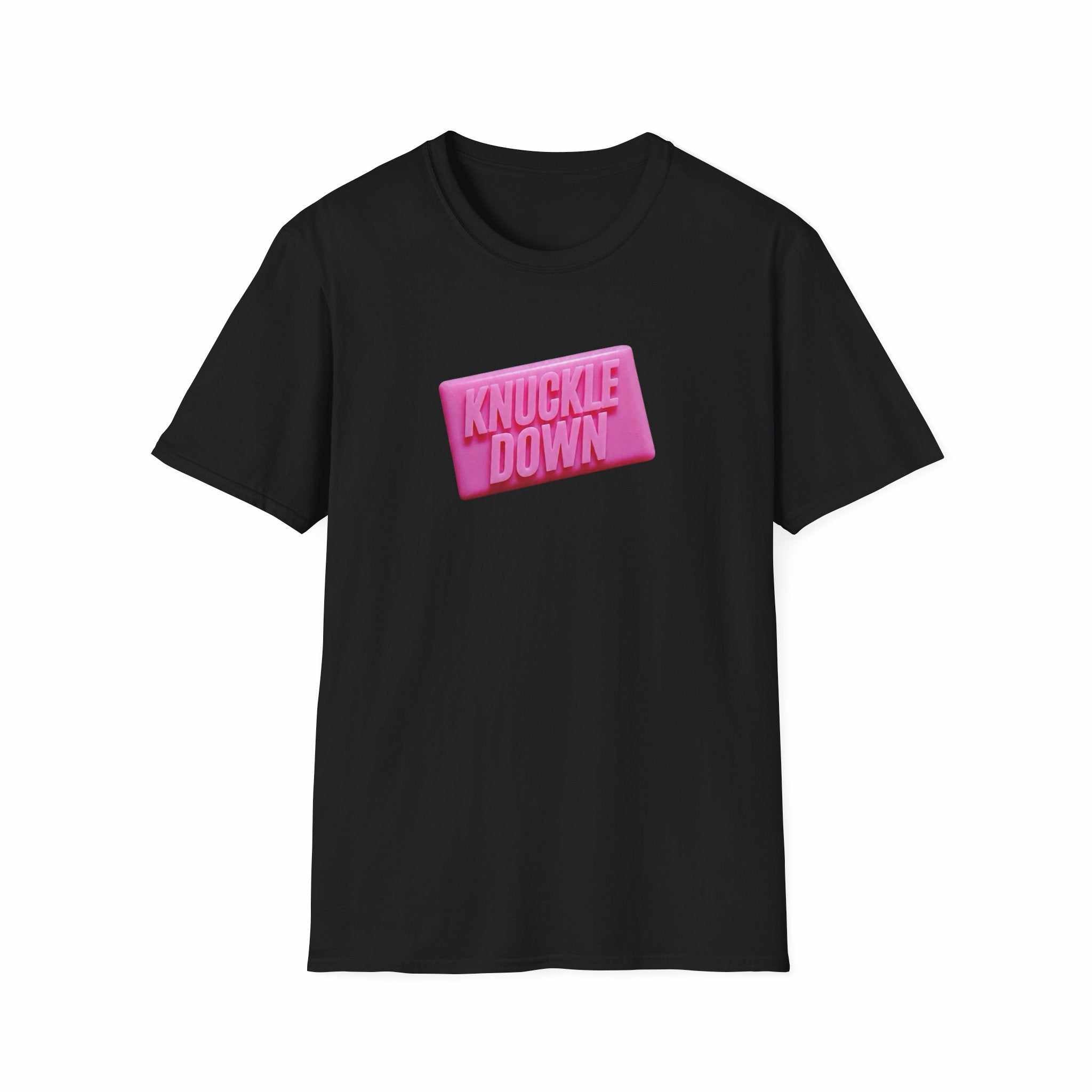Bold pink Knuckle Down T-Shirt with retro graphic on soft, lightweight fabric