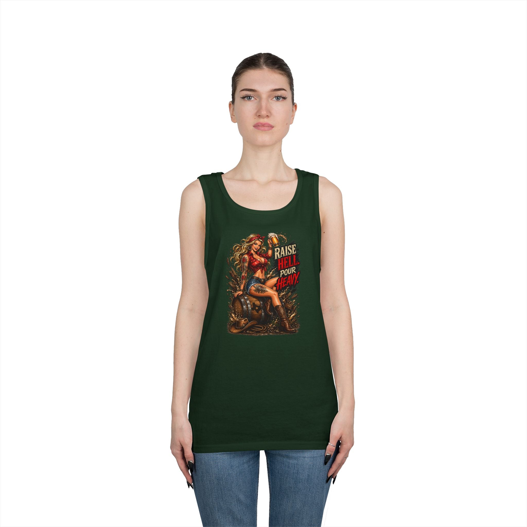 Pinup Biker Tank Top – "Raise Hell, Pour Heavy" Vintage Motorcycle Graphic