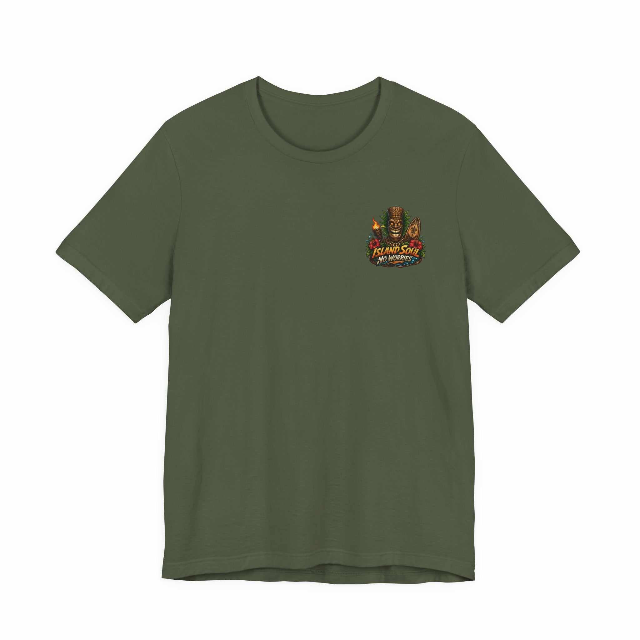 Tropical Tiki Tee with vibrant tiki, hibiscus, and wave design on breathable cotton shirt