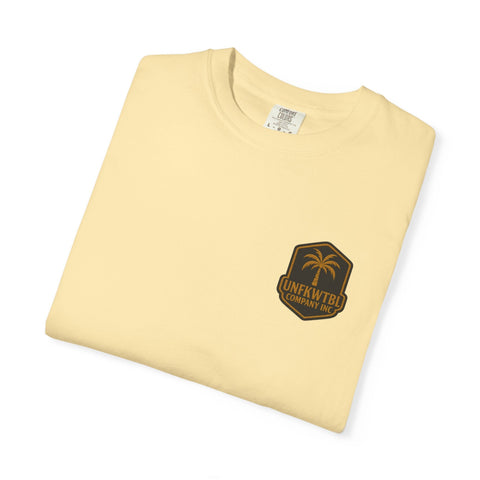 Unisex cream yellow graphic t-shirt with palm tree logo, casual beach and party wear, premium cotton summer tee