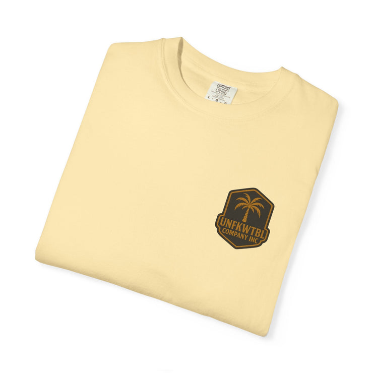 Unisex cream yellow graphic t-shirt with palm tree logo, casual beach and party wear, premium cotton summer tee