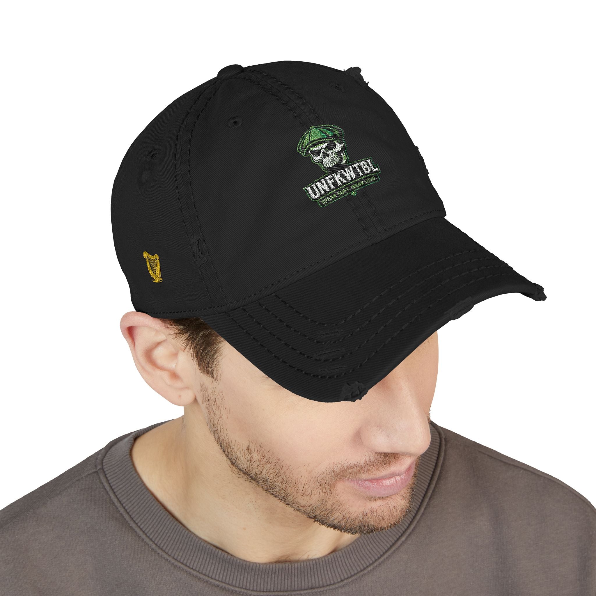 Distressed Embroidered Dad Hat — Green Skull & Shamrock "UNFRWTBL"