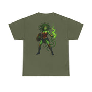 Olive green unisex tee featuring Medusa as Wonder Woman graphic design on the back.