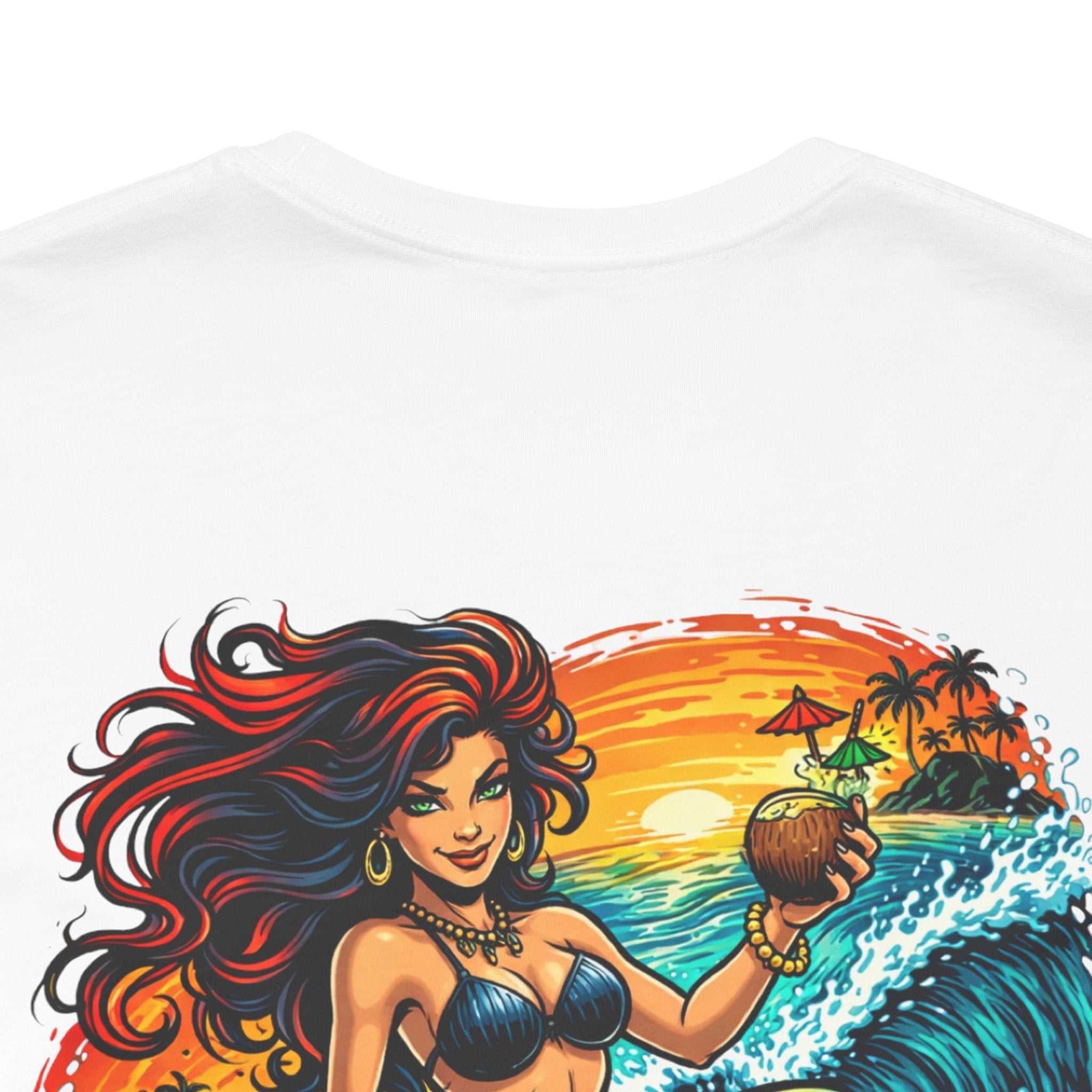 Mermaid Surfer T-Shirt with vibrant retro beach surfing graphic and breathable cotton fabric
