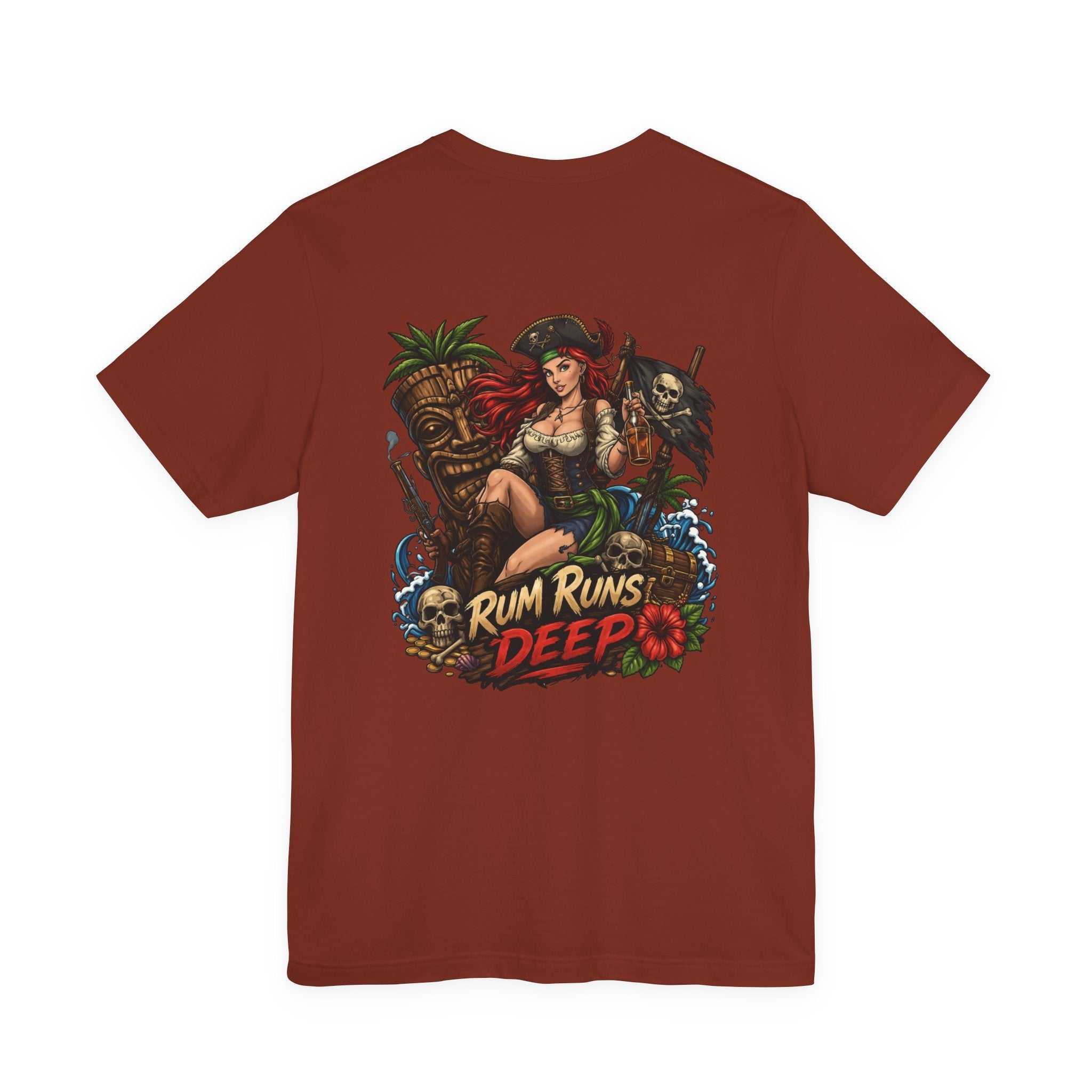 Rum Runs Deep pirate pinup T-shirt with vibrant pirate emblem and island scene, lightweight and breathable cotton perfect for beachwear