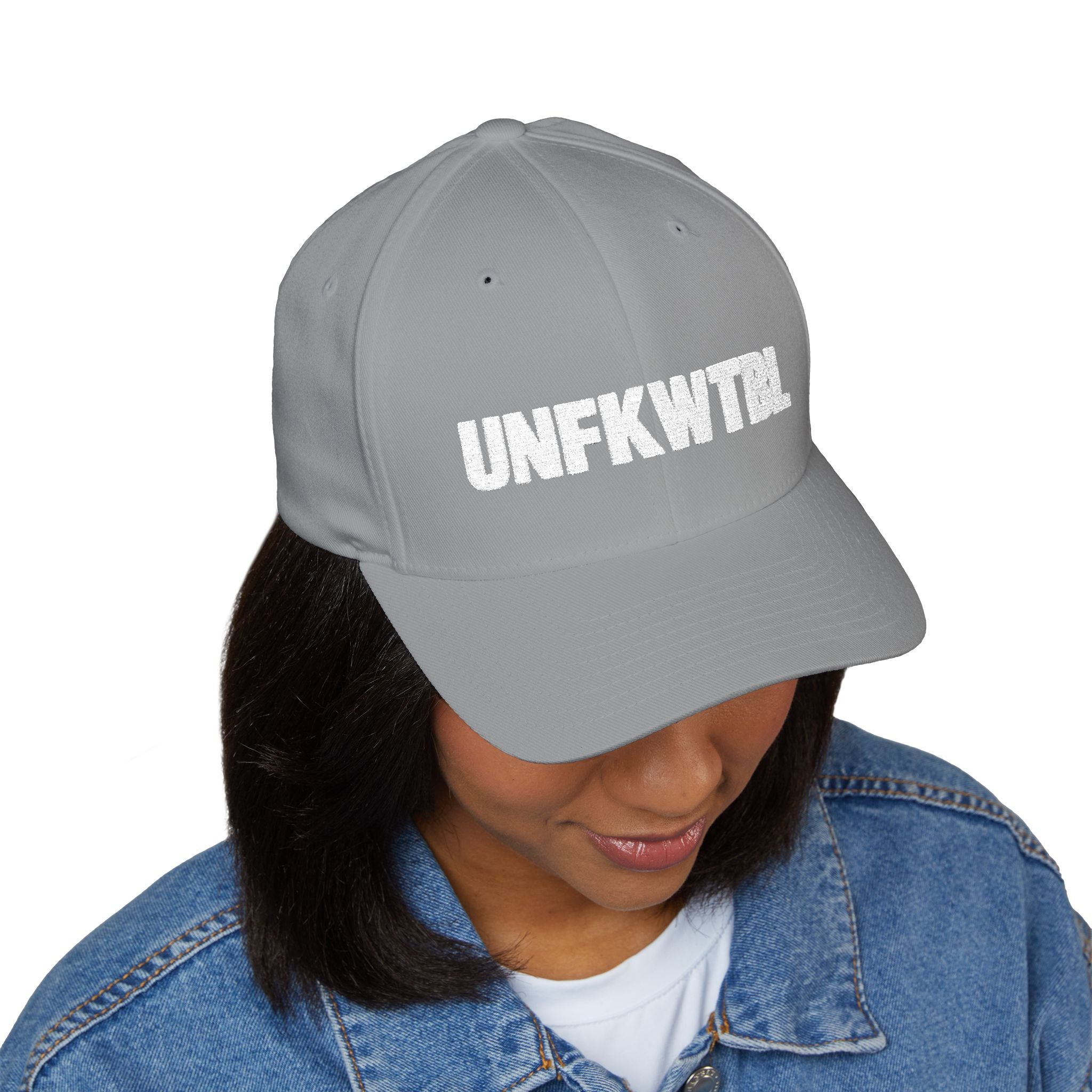Embroidered 'UNFKWTBL' Closed-Back Structured Cap — Bold Distressed Logo Dad Hat