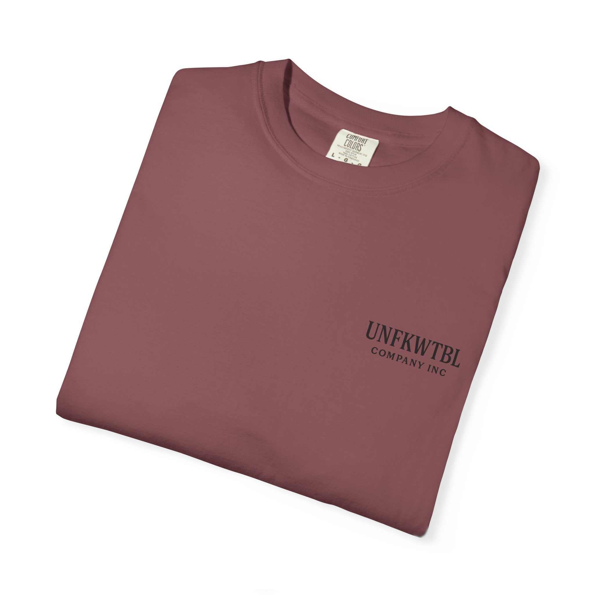 Folded steel-colored unisex garment-dyed T-shirt with UNFRKTBL logo and crew neckline
