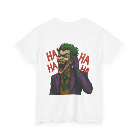 White UNFKWTBL JOKER t-shirt featuring a graphic of Joker laughing with red "HA HA HA" text