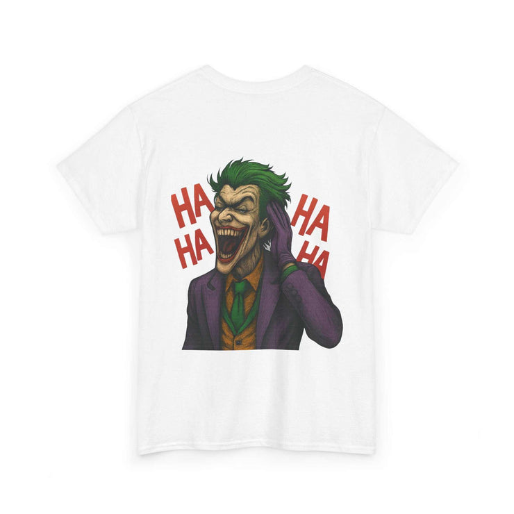 White UNFKWTBL JOKER t-shirt featuring a graphic of Joker laughing with red "HA HA HA" text