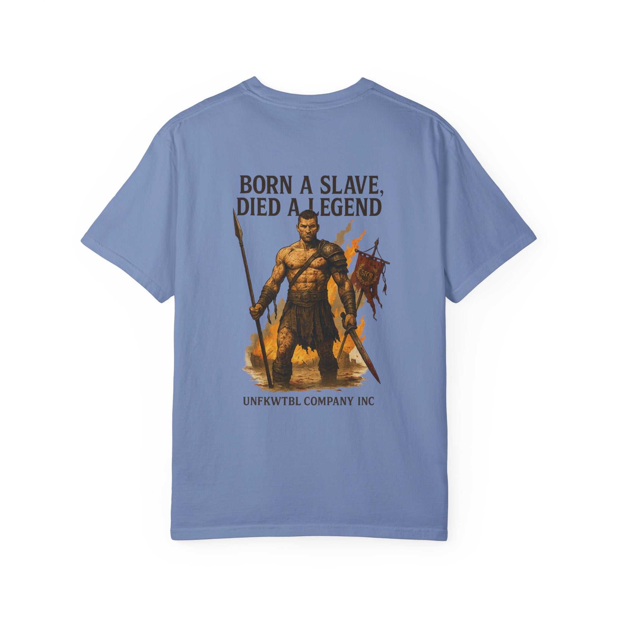 Unisex Gladiator T-shirt in garment-dyed fabric showing durability and comfort with size chart table