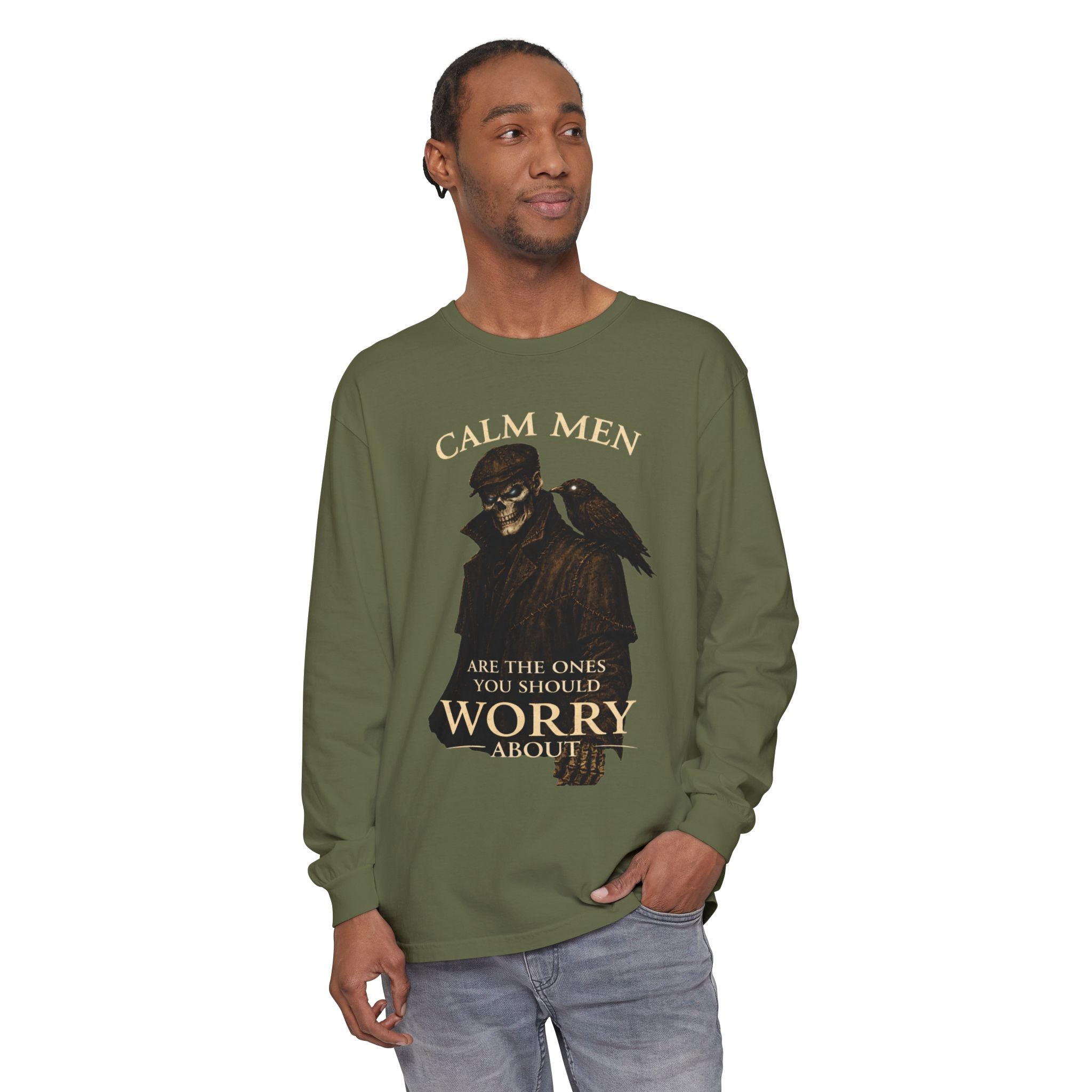 Calm Men Skull Raven Long Sleeve T-Shirt — "Calm Men Are The Ones You Should Worry About"