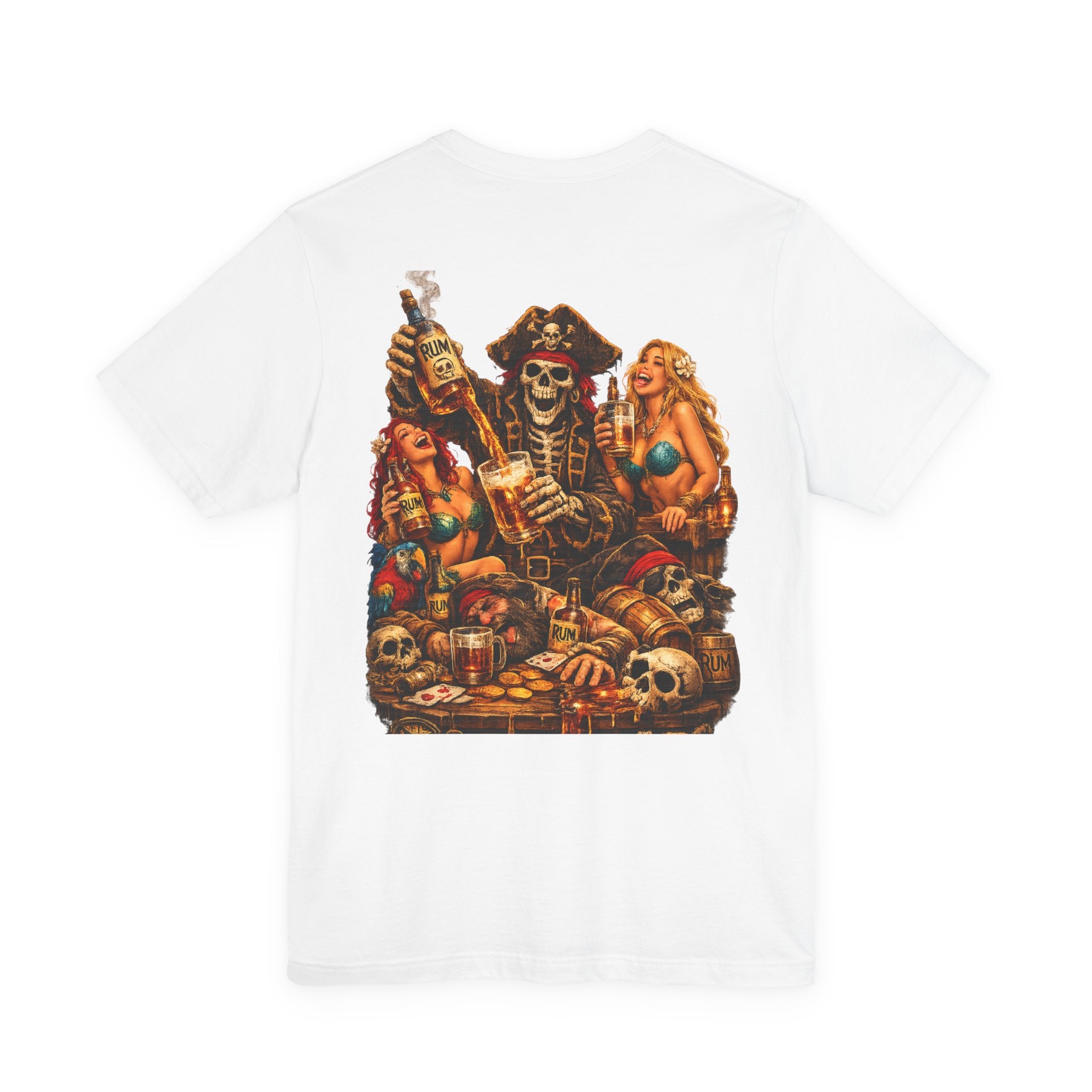 Pirate Skull Treasure Chest Tee — Skeleton Buccaneer Drinking Design