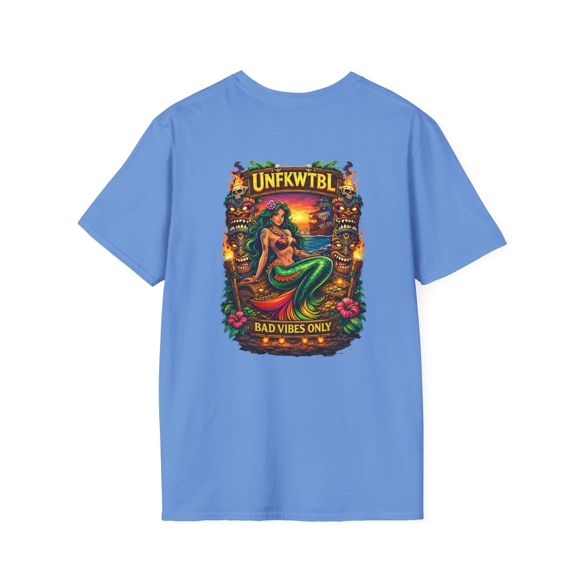 Vintage Mermaid Sunset T-Shirt with "Bad Vibes Only" retro island graphic and tropical beach design