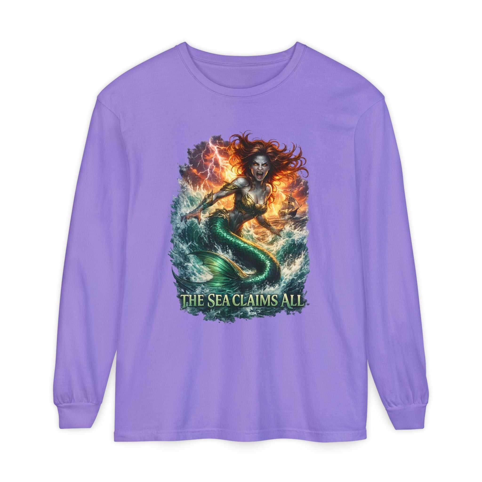 Mermaid Graphic Long Sleeve Tee — "The Sea Claims All" Nautical Fantasy Shirt