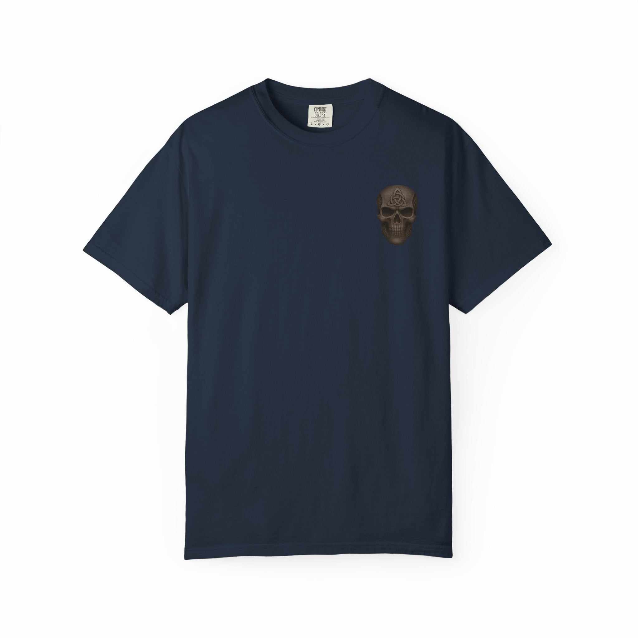 Unisex navy garment-dyed t-shirt with small gladiator skull print on chest, durable double-needle stitching, available in sizes S to 4XL