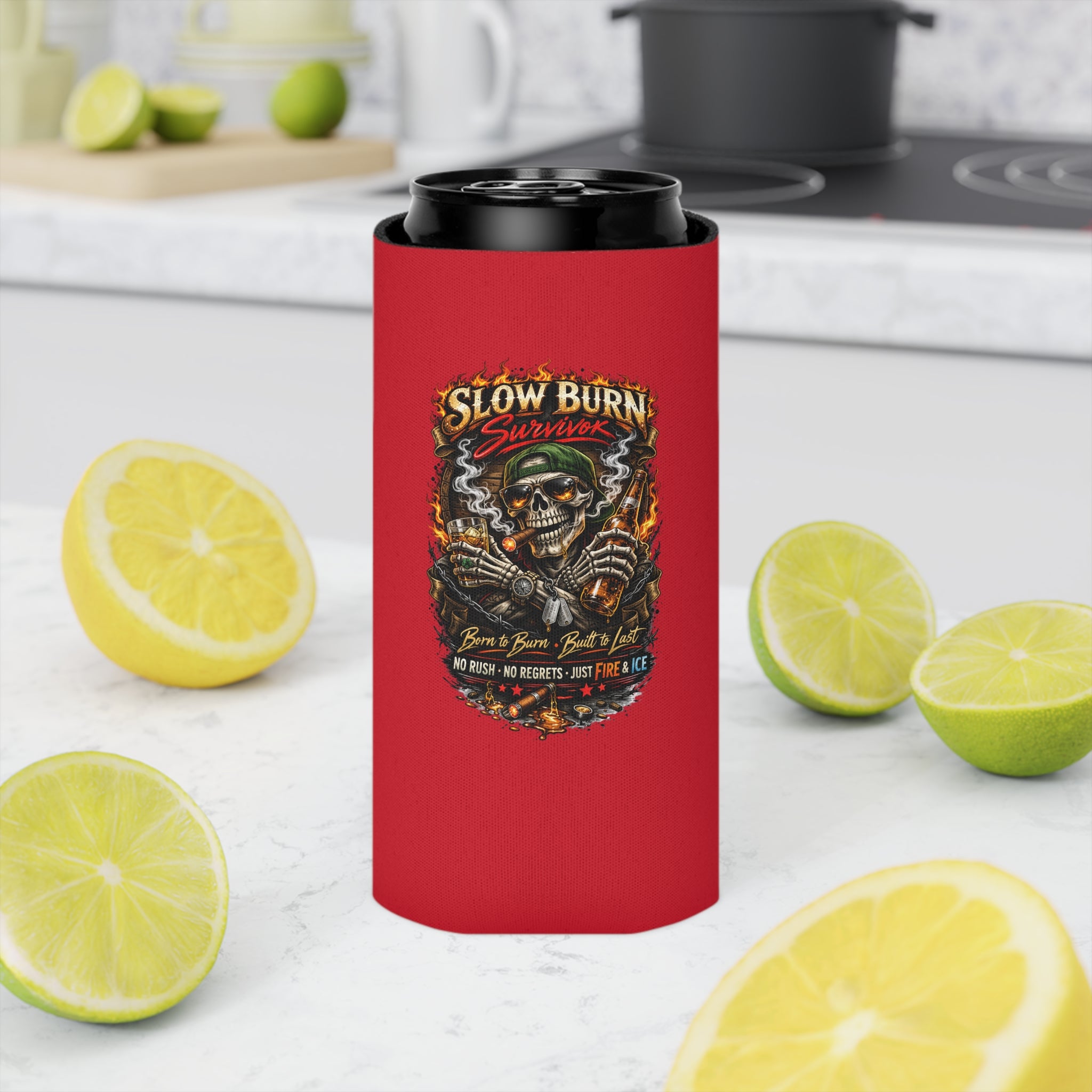 Can Cooler - "Stay Cold" Skeleton Beer Koozie (Slow Burn Survivor Vintage Skull Design)