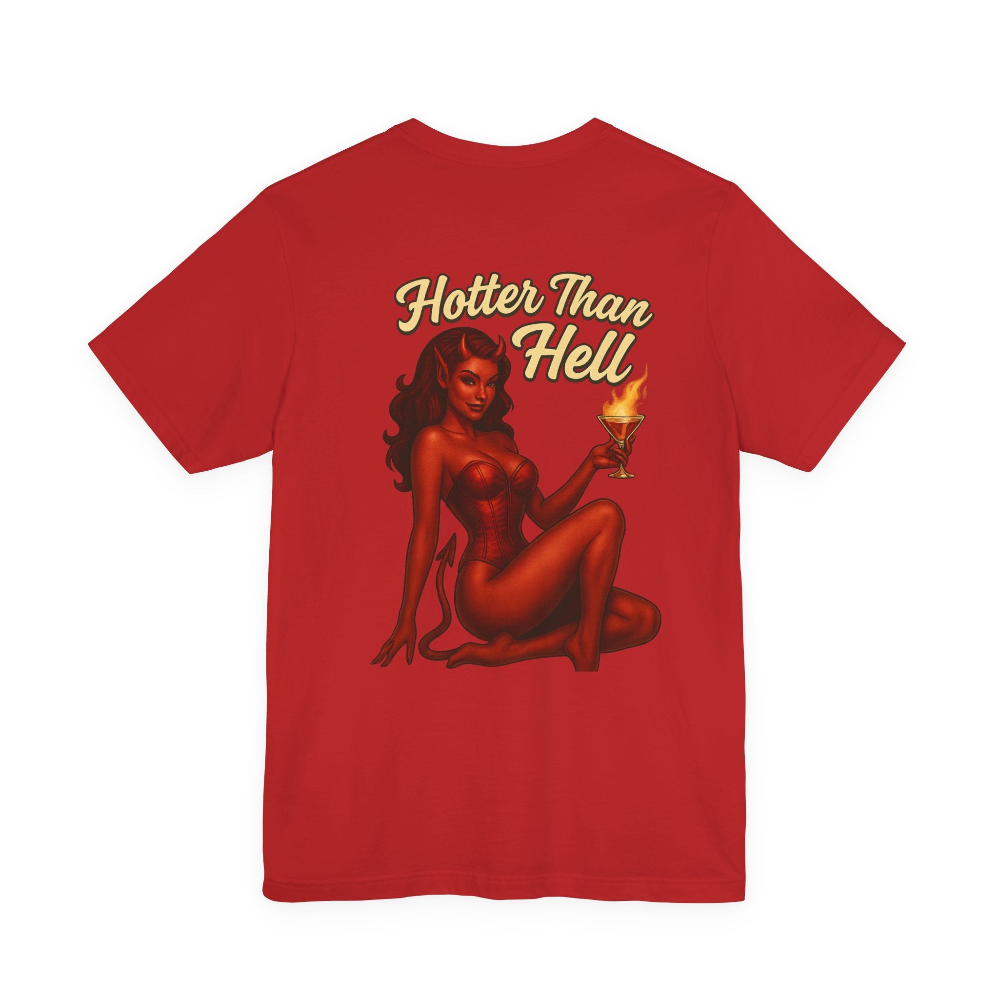 Hotter Than Hell Devil Pin-Up Tee — Retro Devil Girl Graphic T-Shirt