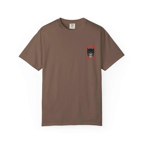 Batman Holographic Ghostface themed unisex brown T-shirt with soft garment-dyed fabric and durable double-needle stitching