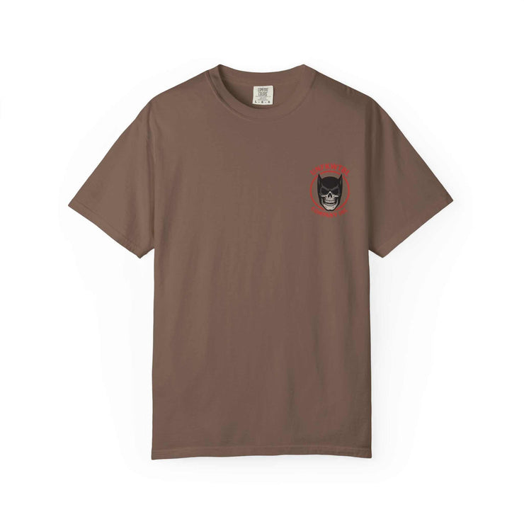 Batman Holographic Ghostface themed unisex brown T-shirt with soft garment-dyed fabric and durable double-needle stitching
