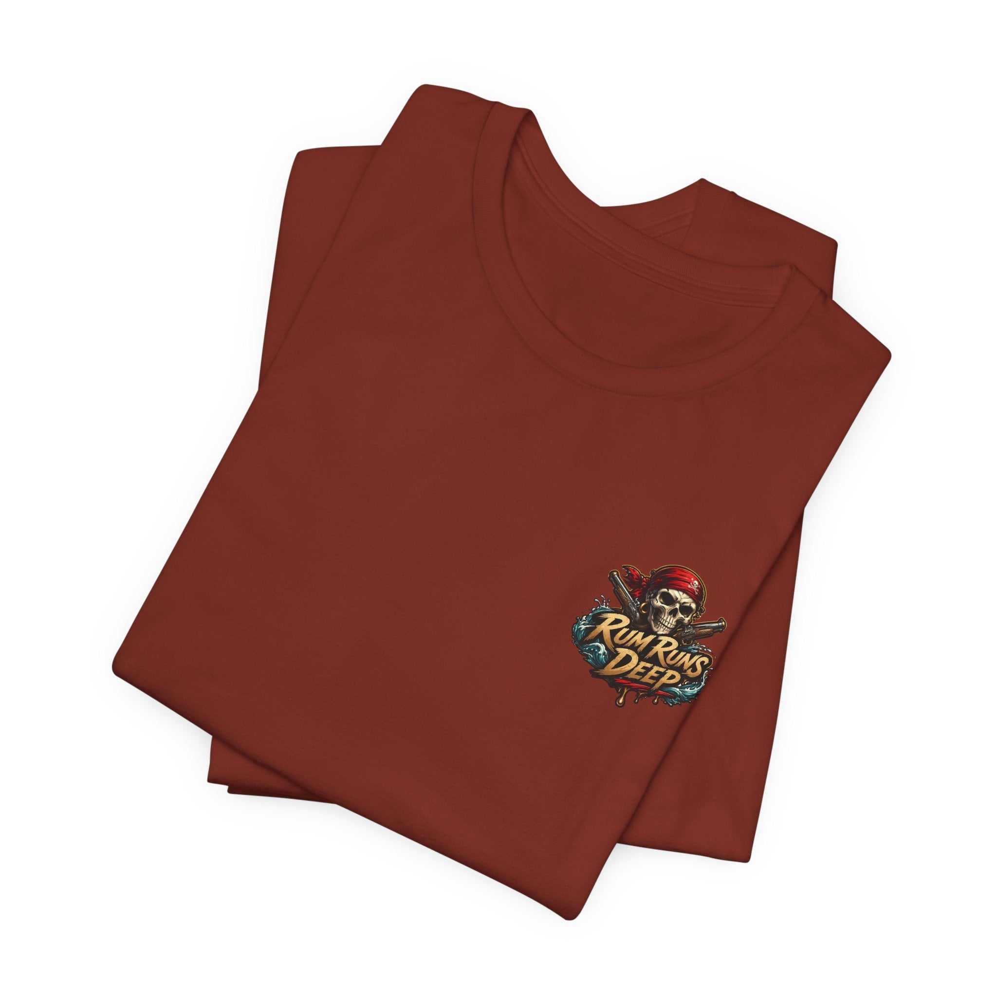 Rum Runs Deep Pirate Tee with nautical graphic and bold text on lightweight cotton