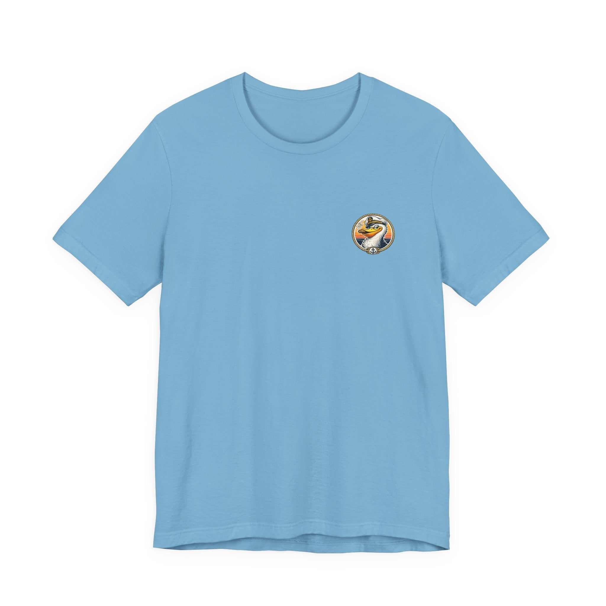 T-Shirt — Retro Pelican on Inflatable Tube Graphic Tee (Beach Vacation, Tropical Sunset)