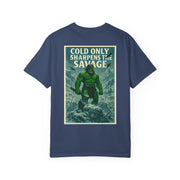 Navy Savage Spirit Graphic T-Shirt with vintage style green savage warrior illustration and "Cold Only Sharpens The Savage" text, unisex casual wear