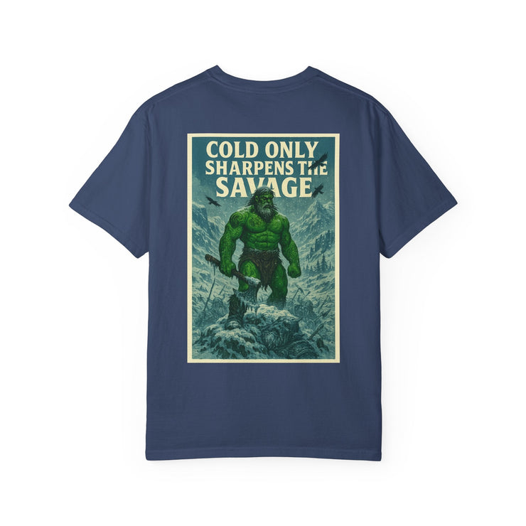 Navy Savage Spirit Graphic T-Shirt with vintage style green savage warrior illustration and "Cold Only Sharpens The Savage" text, unisex casual wear