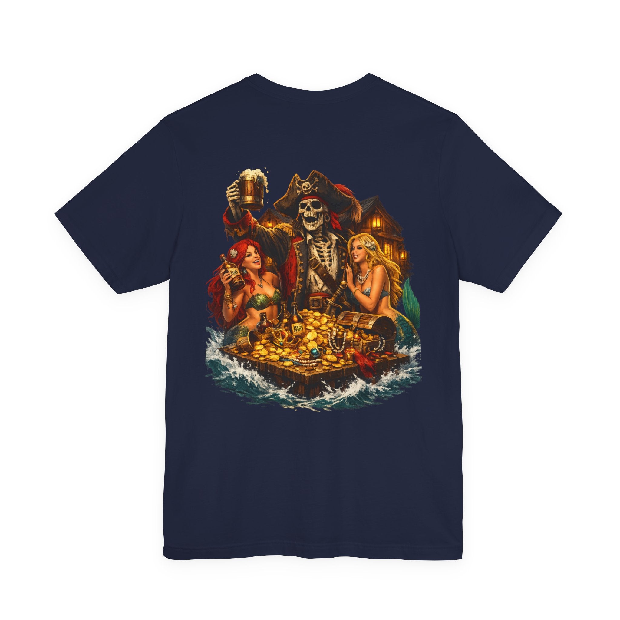 Pirate Skull Treasure Tee — Skeleton Captain, Mermaids & Gold Chest Graphic T-Shirt