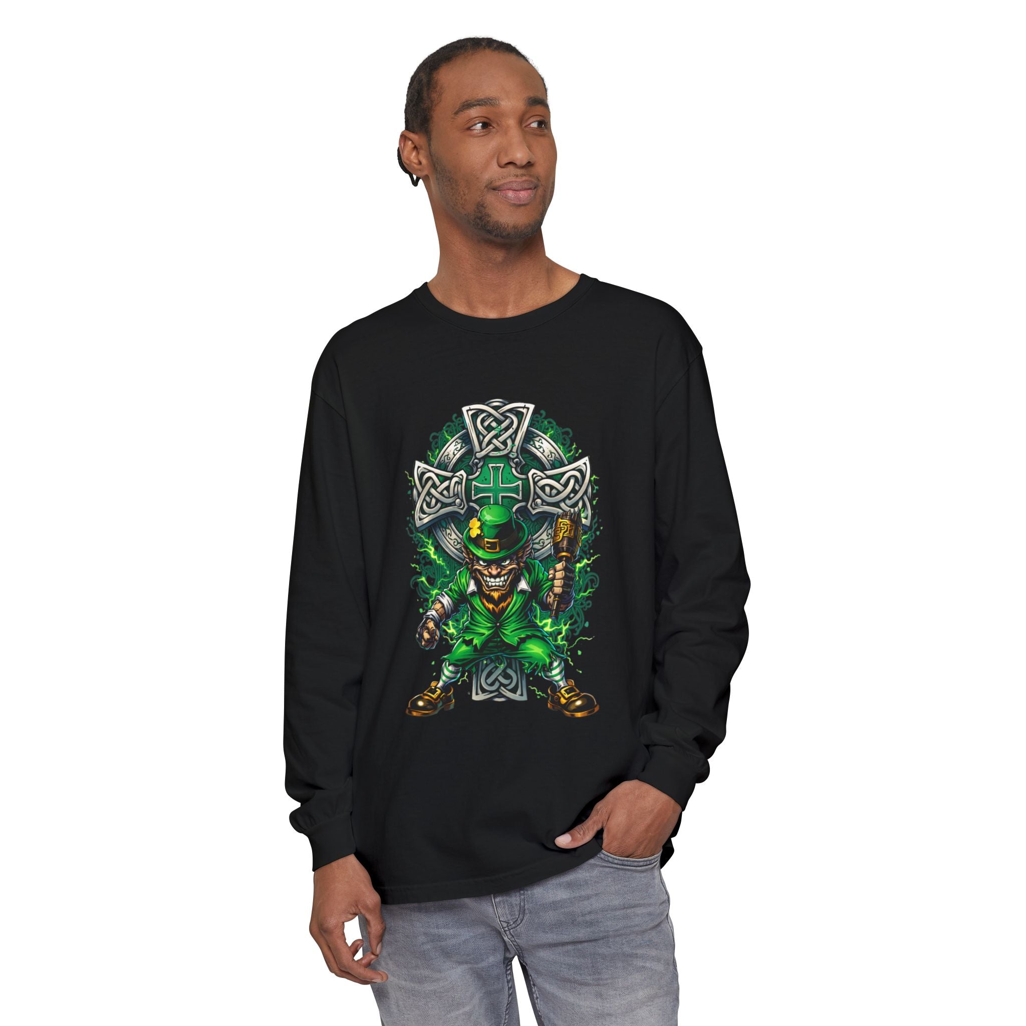 Leprechaun Celtic Cross Long Sleeve Tee — St. Patrick's Day Irish Luck Shirt