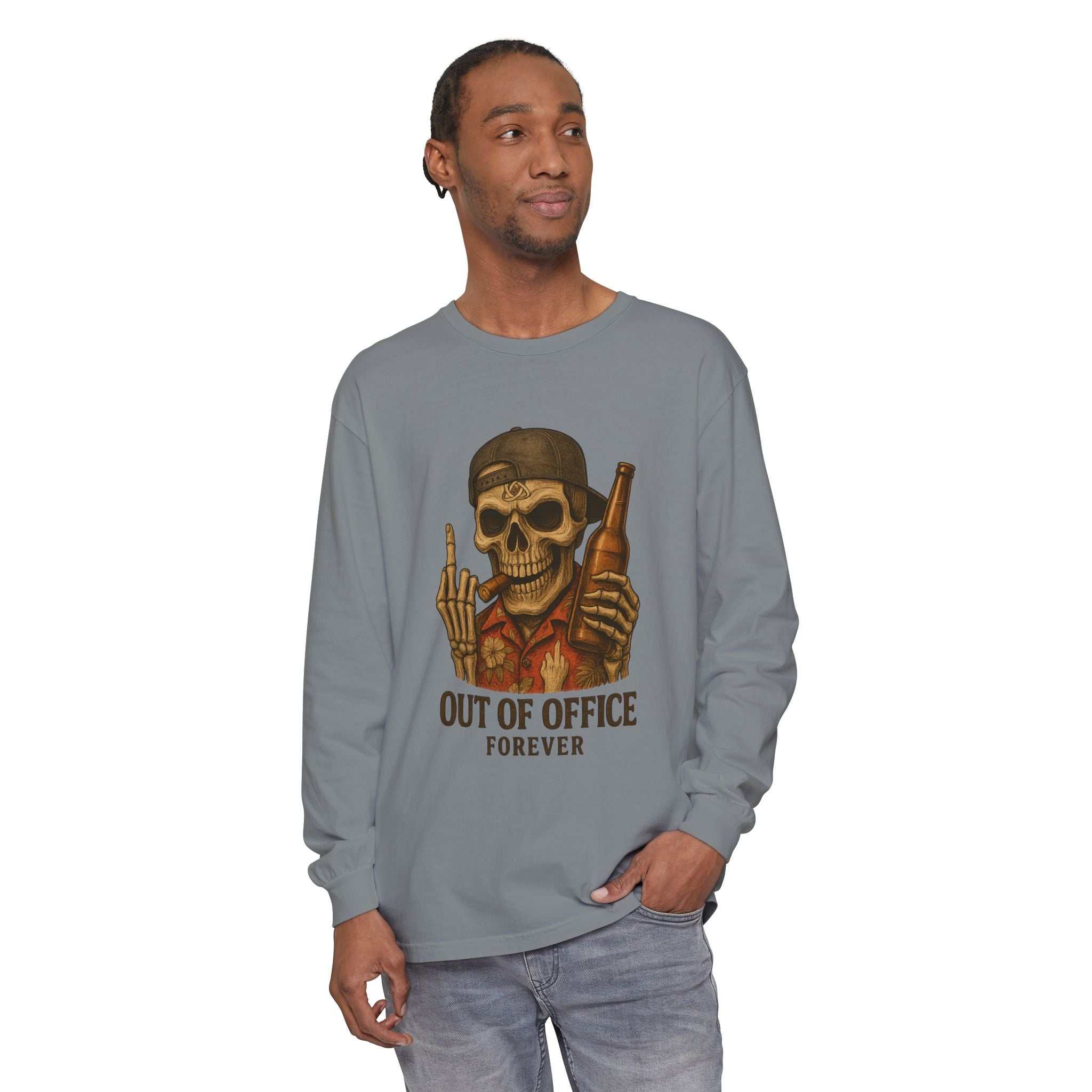 Long sleeve t-shirt with skull and beer graphic and "Out of Office Forever" text, soft garment-dyed cotton, ribbed cuffs, durable hems